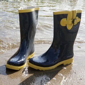 Women Rainboots, MidCalf Rubber Rain Boots, RB-6046 Navy Yellow, Size 8